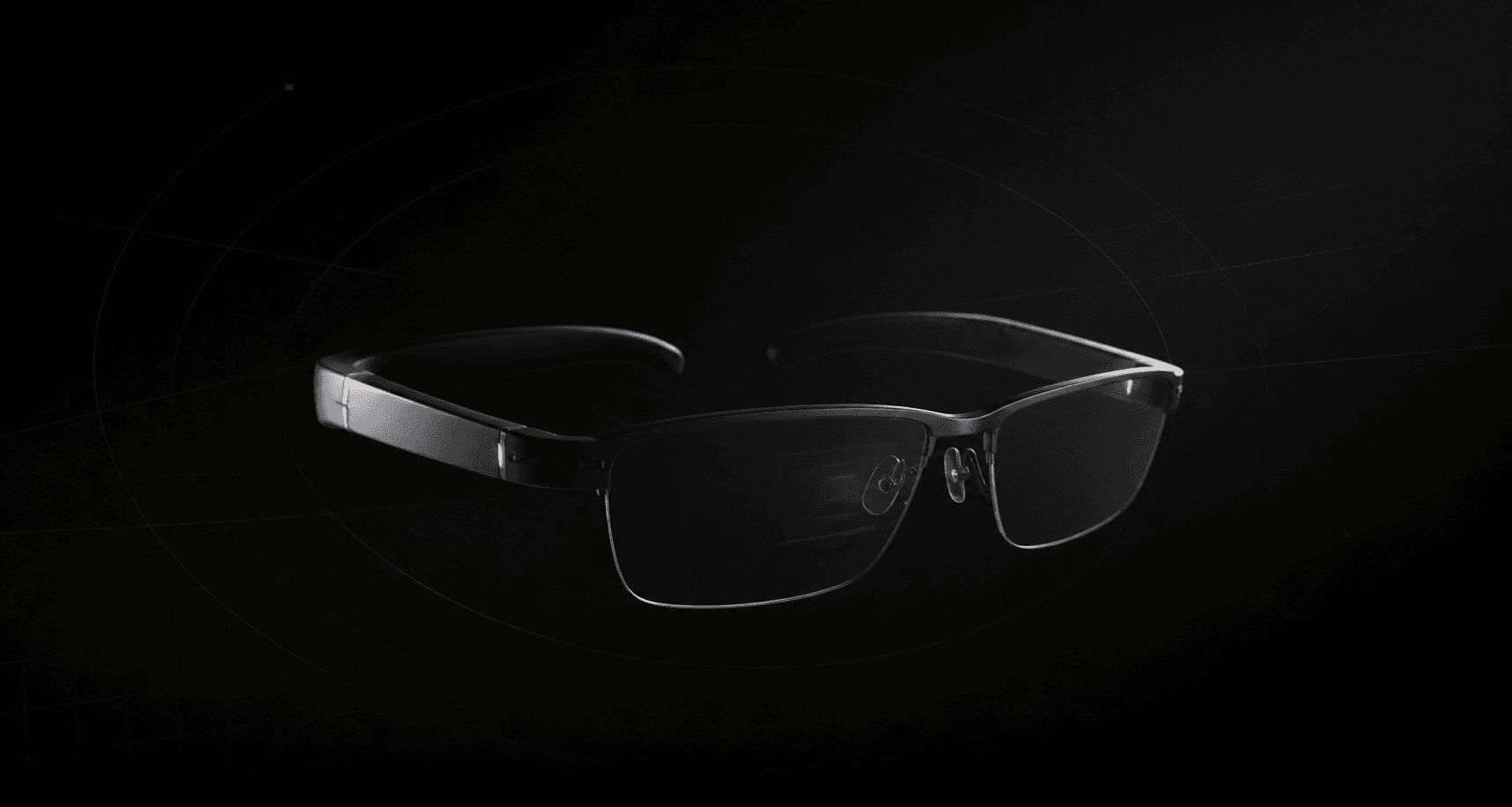 Lightweight smart glasses suspended in a dark studio